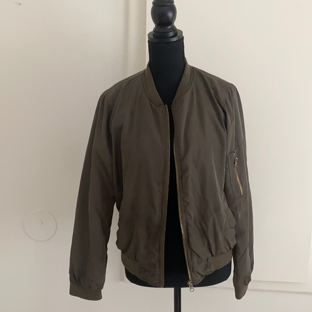 Olive Green Bomber Jacket with an orange inner liner • L • New Look